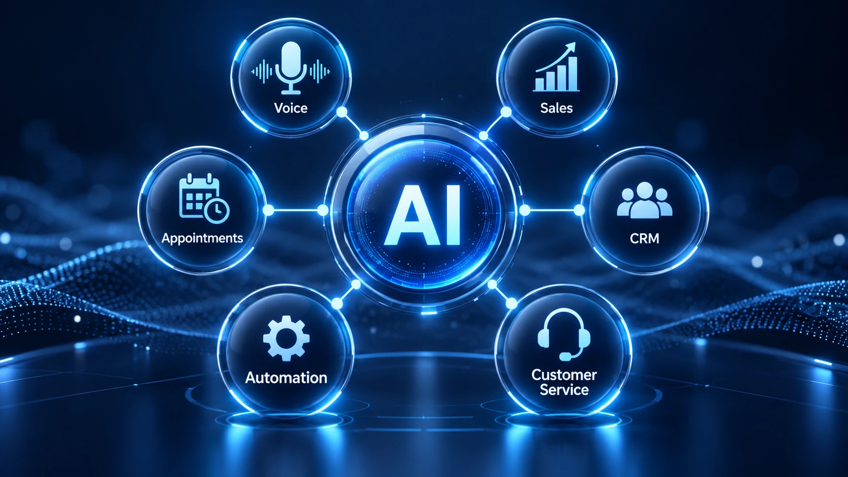 AI business ecosystem connecting voice, CRM, sales and automation
